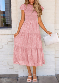 Floral  Summer Cap Sleeve Smocked Ruffle A Line Long Flowy Wedding Guest Midi Dresses