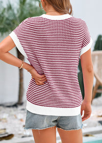 Short Sleeve Round Neck Striped Pullover Cap Sleeve Knit T-shirt