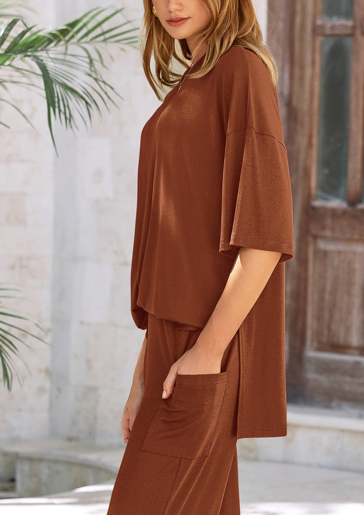 Short Sleeve Pullover Tops And Wide Leg Pants Two Piece Sets