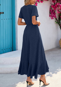Leisure Bohemian Flower V-Neck Short Sleeved Ruffled Beach Long Skirt