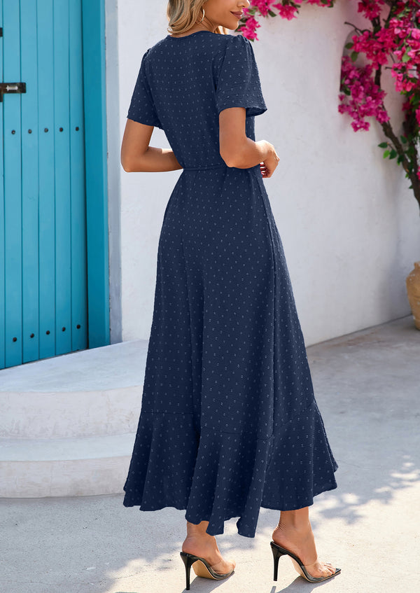 Leisure Bohemian Flower V-Neck Short Sleeved Ruffled Beach Long Skirt