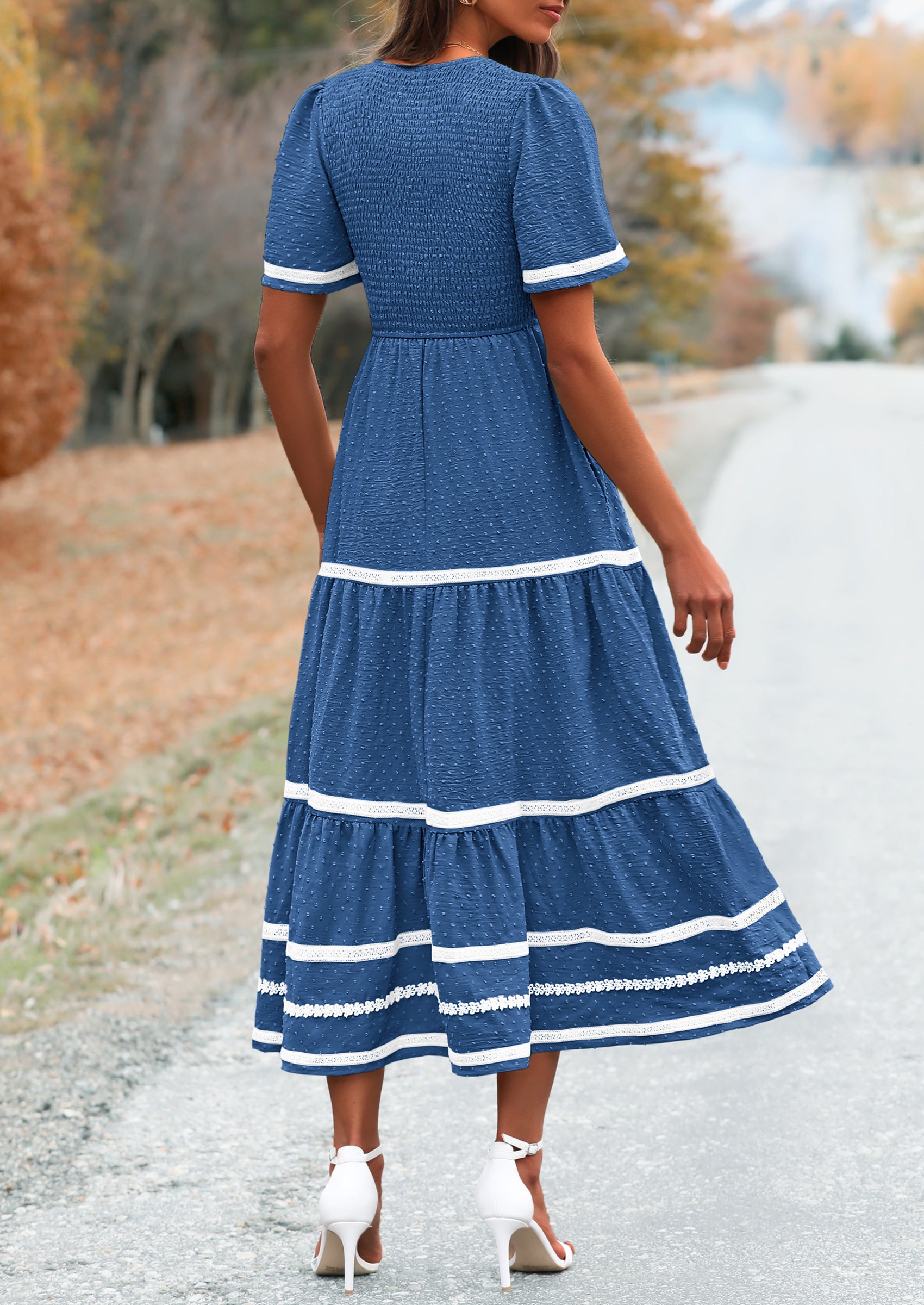 PRETTYGARDEN Women's Casual Summer Maxi Dress Short Sleeve Swiss Dot V Neck Smocked Long Flowy Beach Dresses