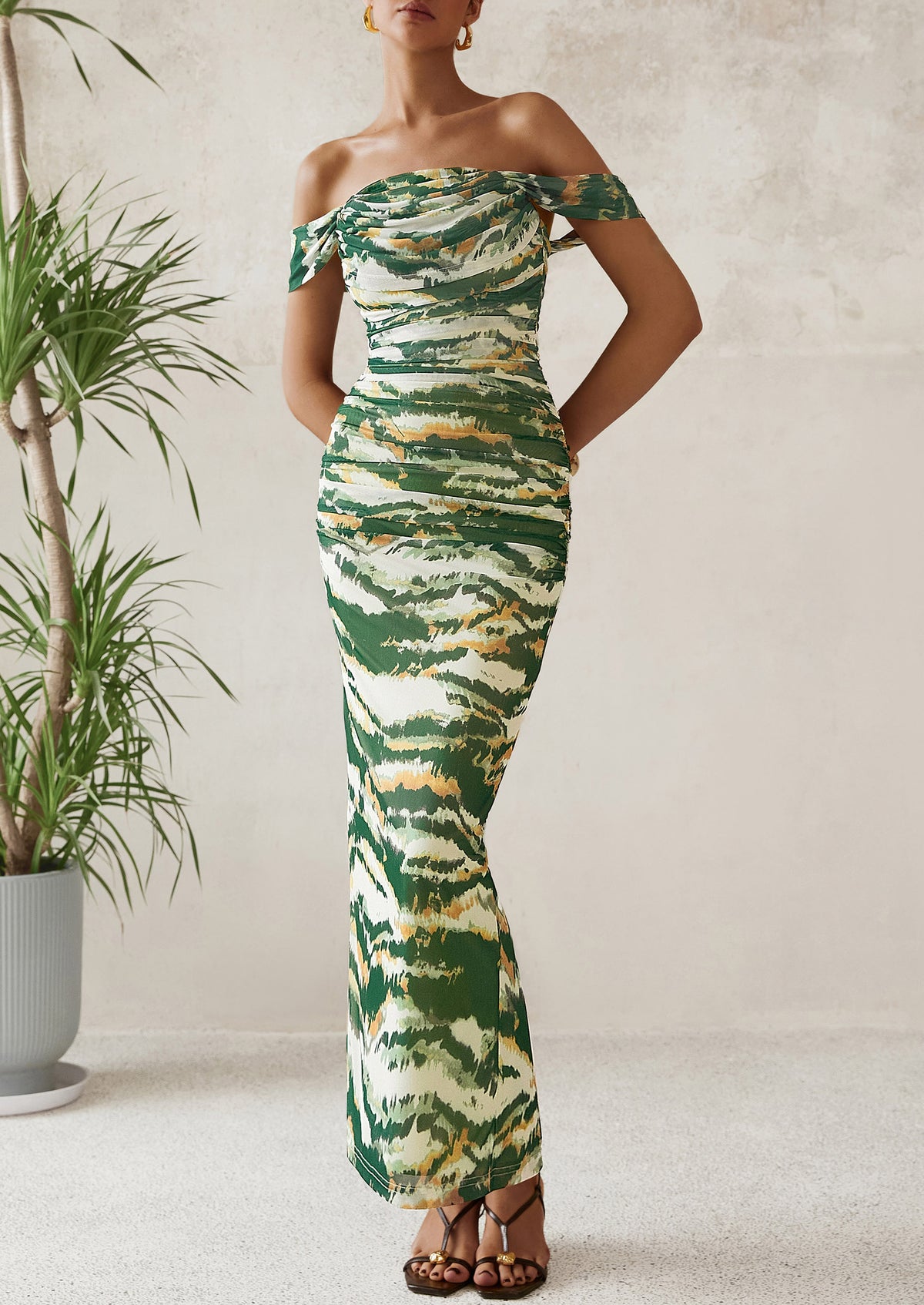 Ruched Bodycon Off Shoulder Floral Mesh Cocktail Party Fitted Maxi Dress