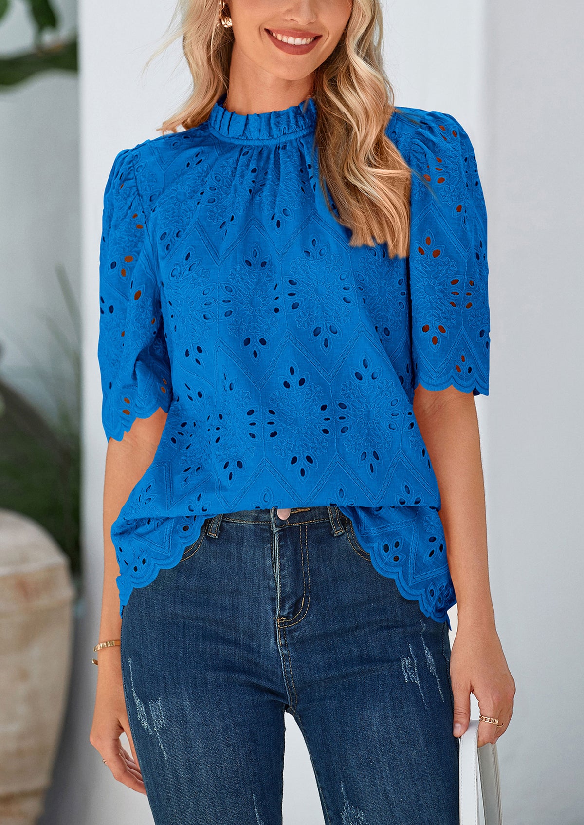 Short Sleeve Eyelet Embroidered Dressy Casual Blouse