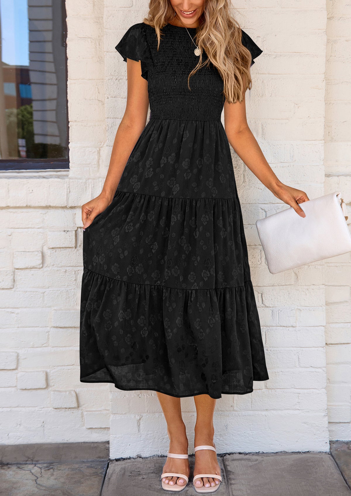 Floral  Summer Cap Sleeve Smocked Ruffle A Line Long Flowy Wedding Guest Midi Dresses