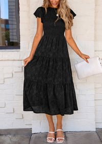 Floral  Summer Cap Sleeve Smocked Ruffle A Line Long Flowy Wedding Guest Midi Dresses