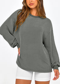 Long Sleeve Casual Loose Crew Neck Ribbed Blouse