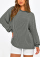 Long Sleeve Casual Loose Crew Neck Ribbed Blouse