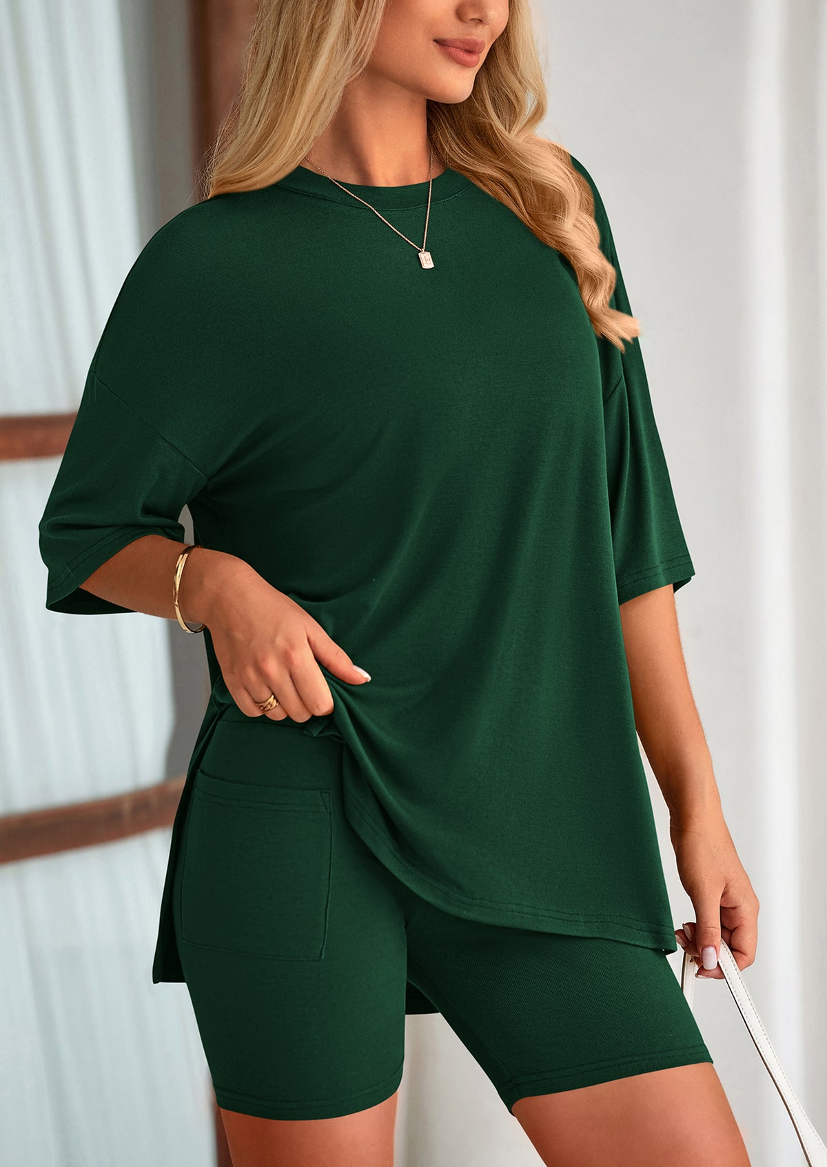 Casual Short Sleeved Round Neck Top Paired With Shorts Two-Piece Set