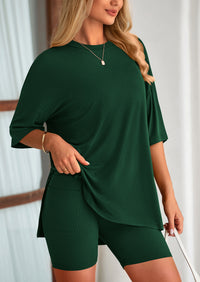 Casual Short Sleeved Round Neck Top Paired With Shorts Two-Piece Set