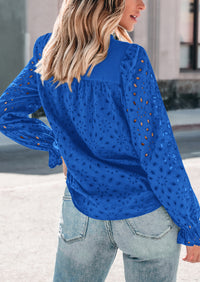 Puff Long Sleeve Button V Neck Hollow Out Lace Embroidered Casual Pullover Blouses