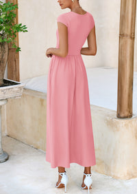 Casual Cap Sleeve Patchwork A Line Flowy Elegant Homecoming Maxi Dress