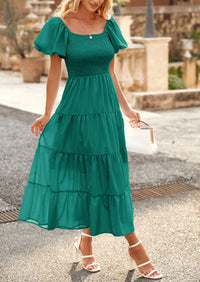 Casual Short Sleeved Square Neck Layered Pleated Dress