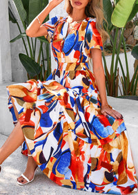 Boho Floral Short Sleeve V Neck A Line Tiered Ruffle Flowy Long Beach Vacation Maxi Dresses