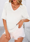PRETTYGARDEN Women's Short Sleeve Sweater Tops Spring Summer Casual V Neck Ribbed Knit Trendy Eyelet Blouse T Shirts