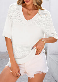 Short Sleeved Casual V-Neck Knitted Small Eye Shirt