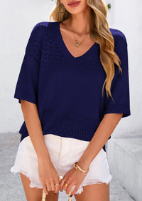 Short Sleeved Casual V-Neck Knitted Small Eye Shirt