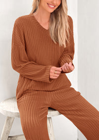 Knitted Long Sleeved V-Neck Pullover, Wide Leg Long Pants Two-Piece Set