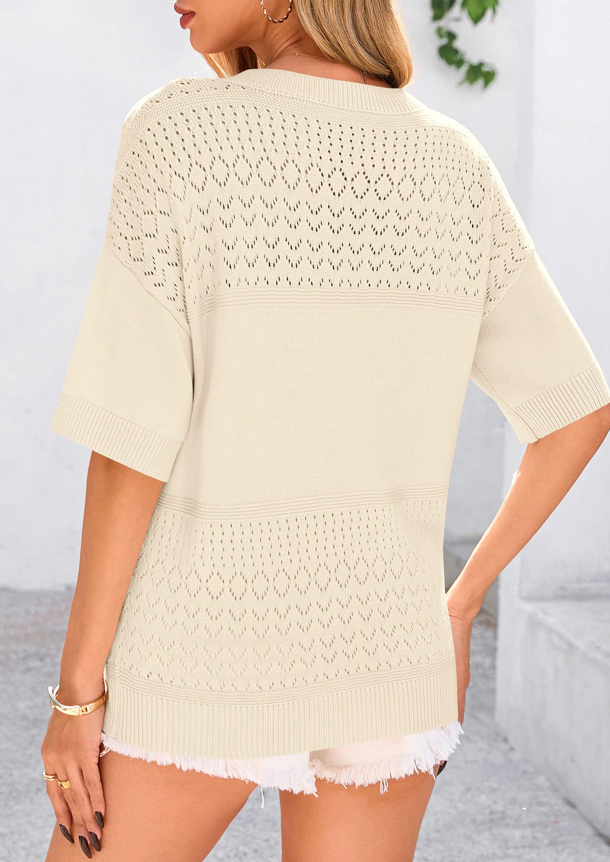Short Sleeved Casual V-Neck Knitted Small Eye Shirt