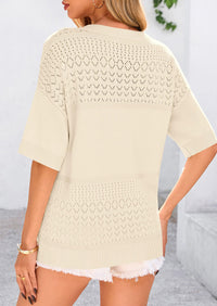 Short Sleeved Casual V-Neck Knitted Small Eye Shirt