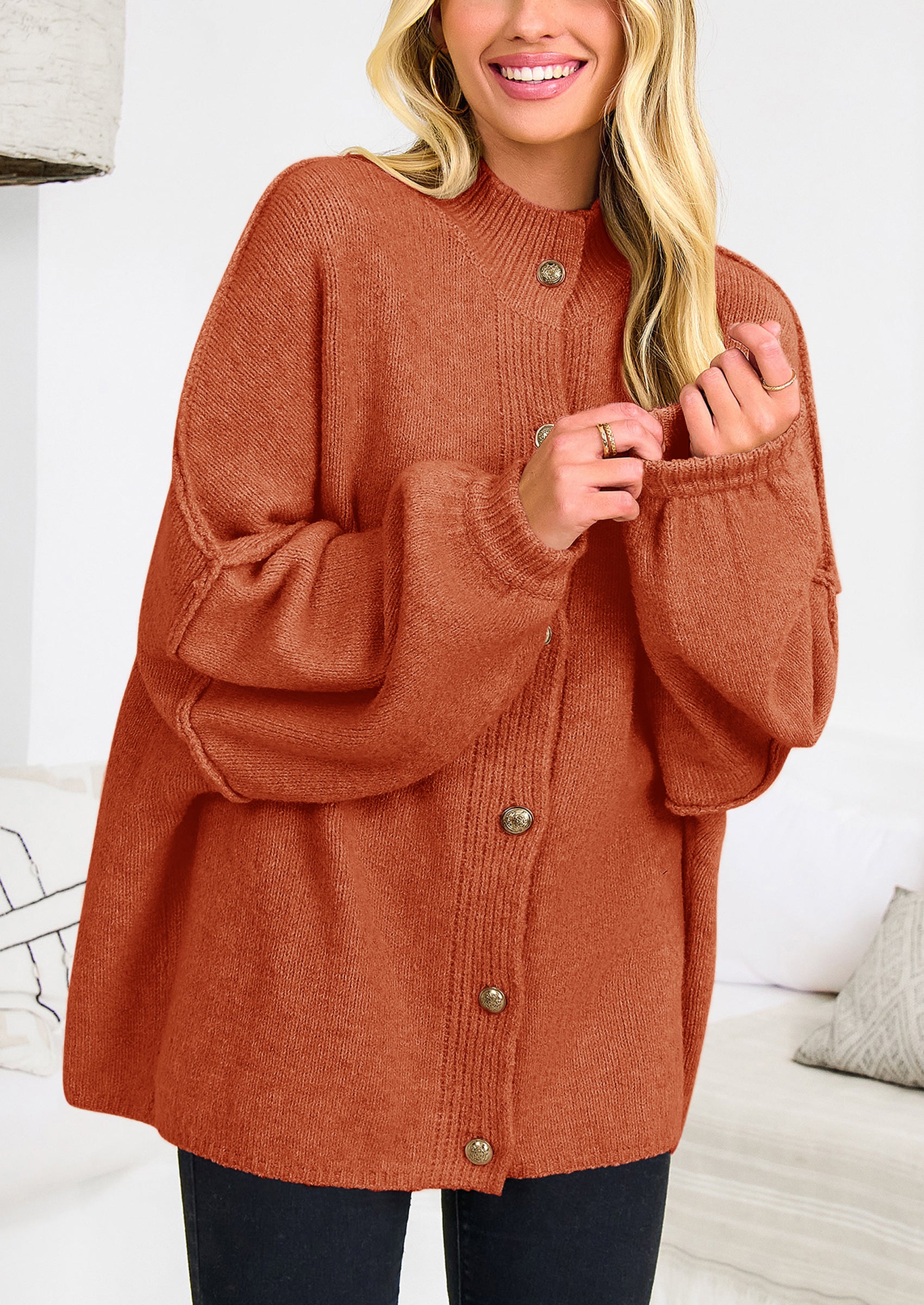PRETTYGARDEN Women's Winter Button Down Cardigan Sweaters Mock Neck Lantern Long Sleeve Chunky Knit Jacket Trendy Outerwear