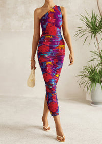 One Shoulder Bodycon Printed Ruched Mesh Party Cocktail Fitted Long Dress