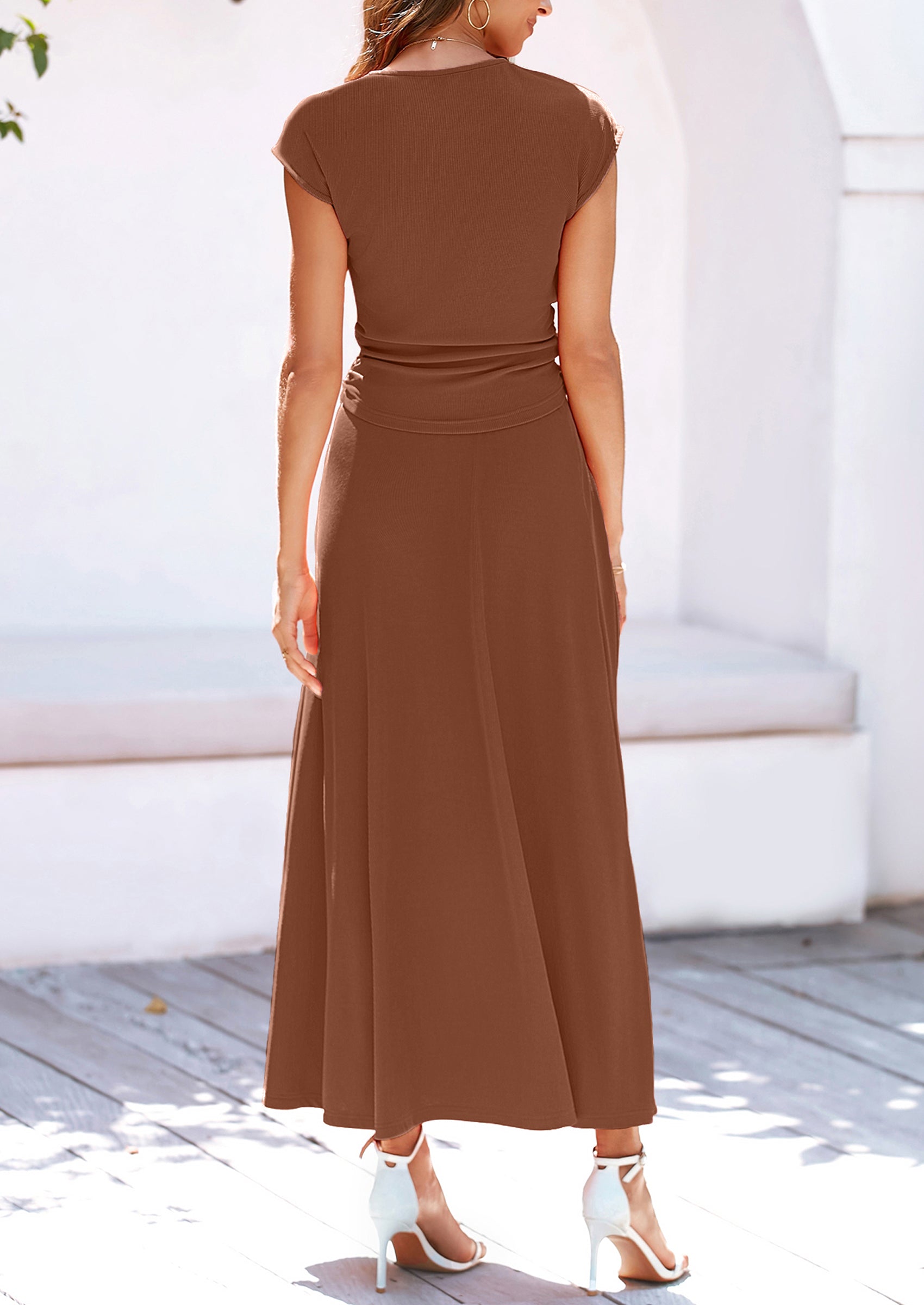 Casual Knit Short Sleeve Crop Top High Waist Skirt 2 Piece Sets