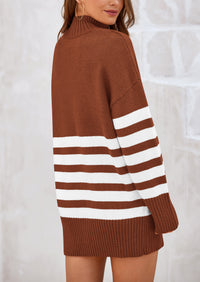 Striped Turtleneck Long Sleeve Loose Fit Chunky Knit Casual Mini Sweater Dresses