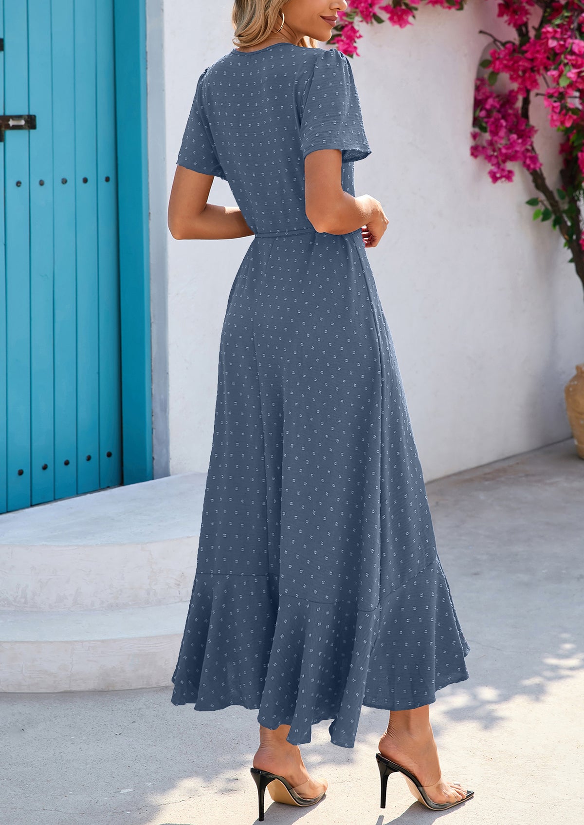 Leisure Bohemian Flower V-Neck Short Sleeved Ruffled Beach Long Skirt