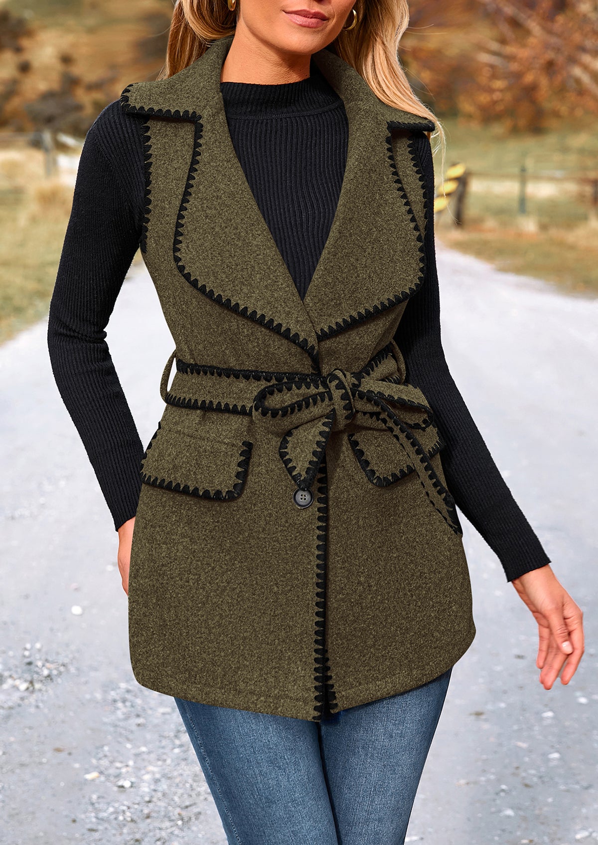 Tweed Sleeveless Lapel Button Front Belt Color Block Vest Jackets