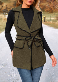 Tweed Sleeveless Lapel Button Front Belt Color Block Vest Jackets