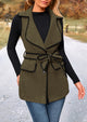 Tweed Sleeveless Lapel Button Front Belt Color Block Vest Jackets