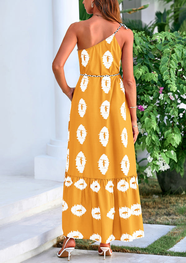 One Shoulder Spaghetti Strap Printed A Line Flowy Boho Maxi Long Sundress