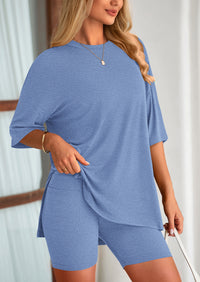 Casual Short Sleeved Round Neck Top Paired With Shorts Two-Piece Set