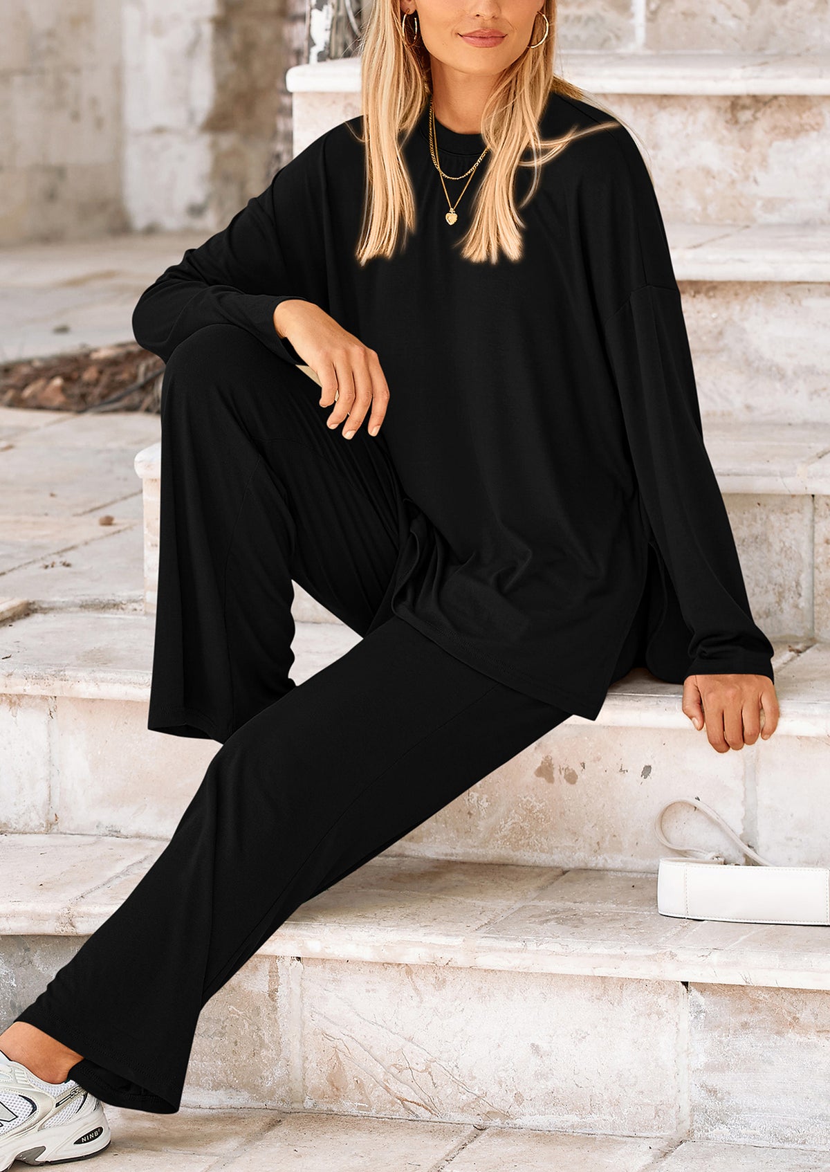 Long Sleeve High Low Tops T-Shirts Wide Leg Pants Two Piece Sets