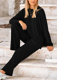 Long Sleeve High Low Tops T-Shirts Wide Leg Pants Two Piece Sets
