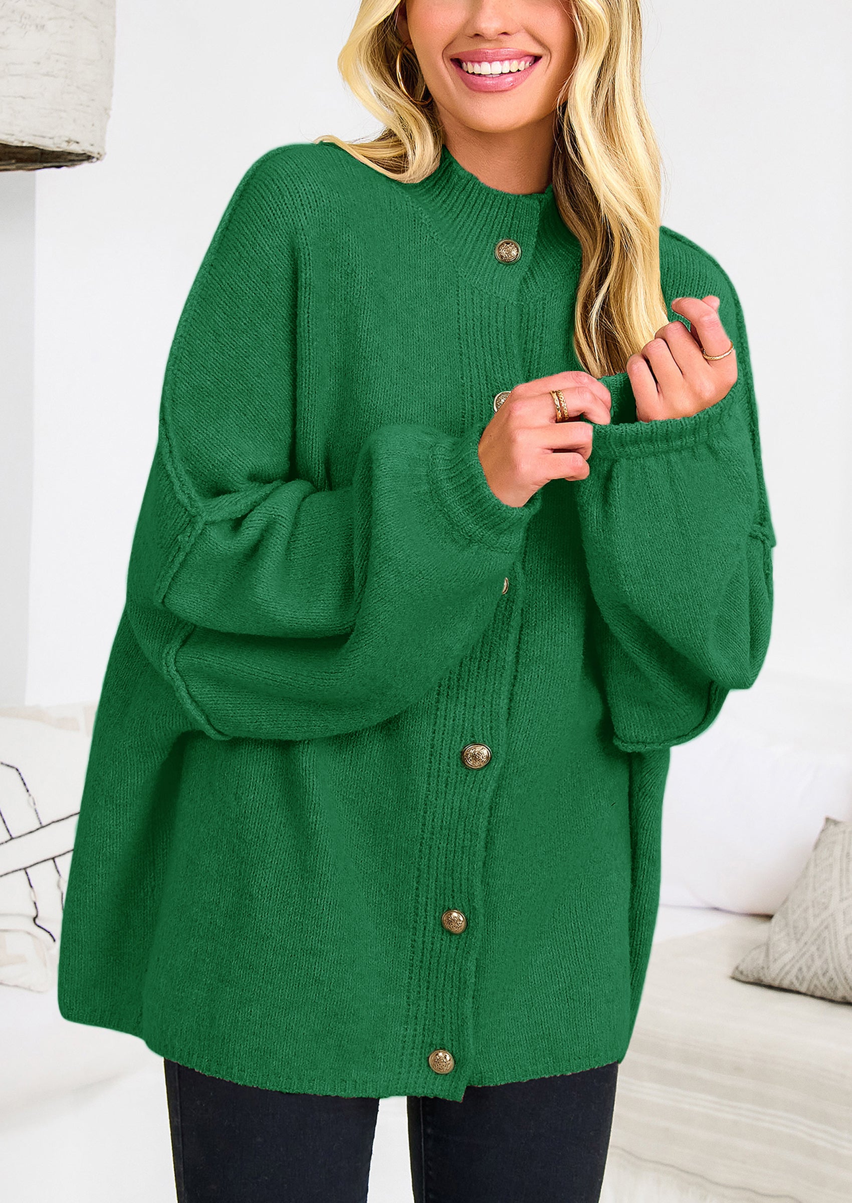 PRETTYGARDEN Women's Winter Button Down Cardigan Sweaters Mock Neck Lantern Long Sleeve Chunky Knit Jacket Trendy Outerwear
