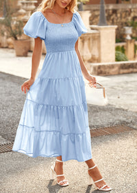 Casual Short Sleeved Square Neck Layered Pleated Dress