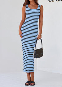 Casual Sleeveless Striped Ribbed Knit Beach Vacation Sundress Tank Midi Dress