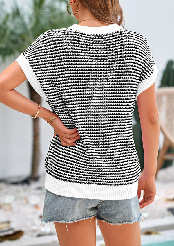 Short Sleeve Round Neck Striped Pullover Cap Sleeve Knit T-shirt