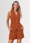 PRETTYGARDEN Women's Summer 2 Piece Outfits Sleeveless Matching Sets Button Down V Neck Vest Waistcoat and Pockets Shorts