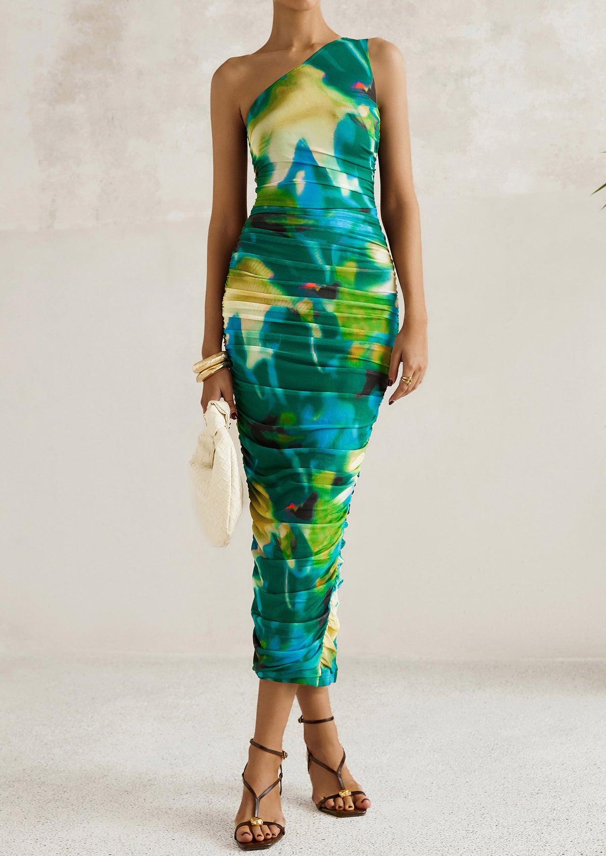 One Shoulder Bodycon Printed Ruched Mesh Party Cocktail Fitted Long Dress