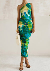 One Shoulder Bodycon Printed Ruched Mesh Party Cocktail Fitted Long Dress