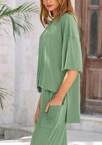 Short Sleeve Pullover Tops And Wide Leg Pants Two Piece Sets