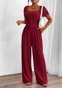 Casual Short Sleeve Square Neck Wide Leg Jumpsuits