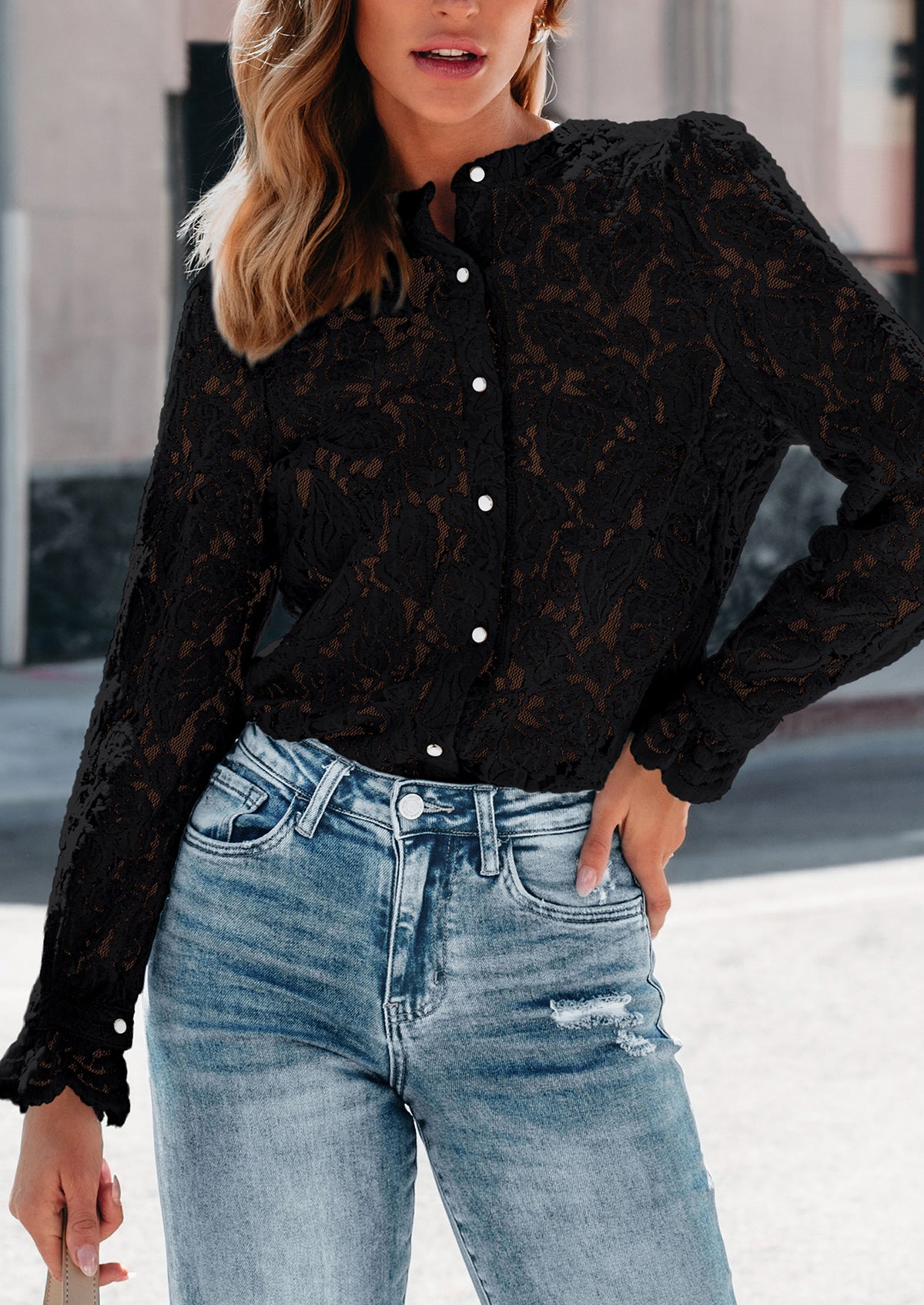 Lace Casual Long Sleeve Button Up Blouses