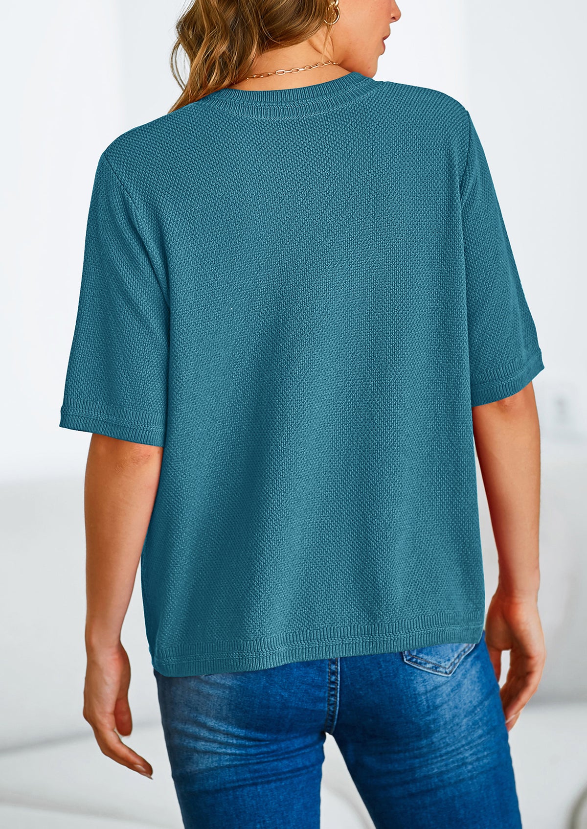 Button Down Casual Short Sleeve Crew Neck Ribbed Knit Shirts