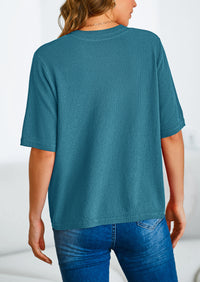Button Down Casual Short Sleeve Crew Neck Ribbed Knit Shirts