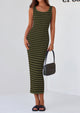 Casual Sleeveless Striped Ribbed Knit Beach Vacation Sundress Tank Midi Dress