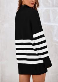 Striped Turtleneck Long Sleeve Loose Fit Chunky Knit Casual Mini Sweater Dresses